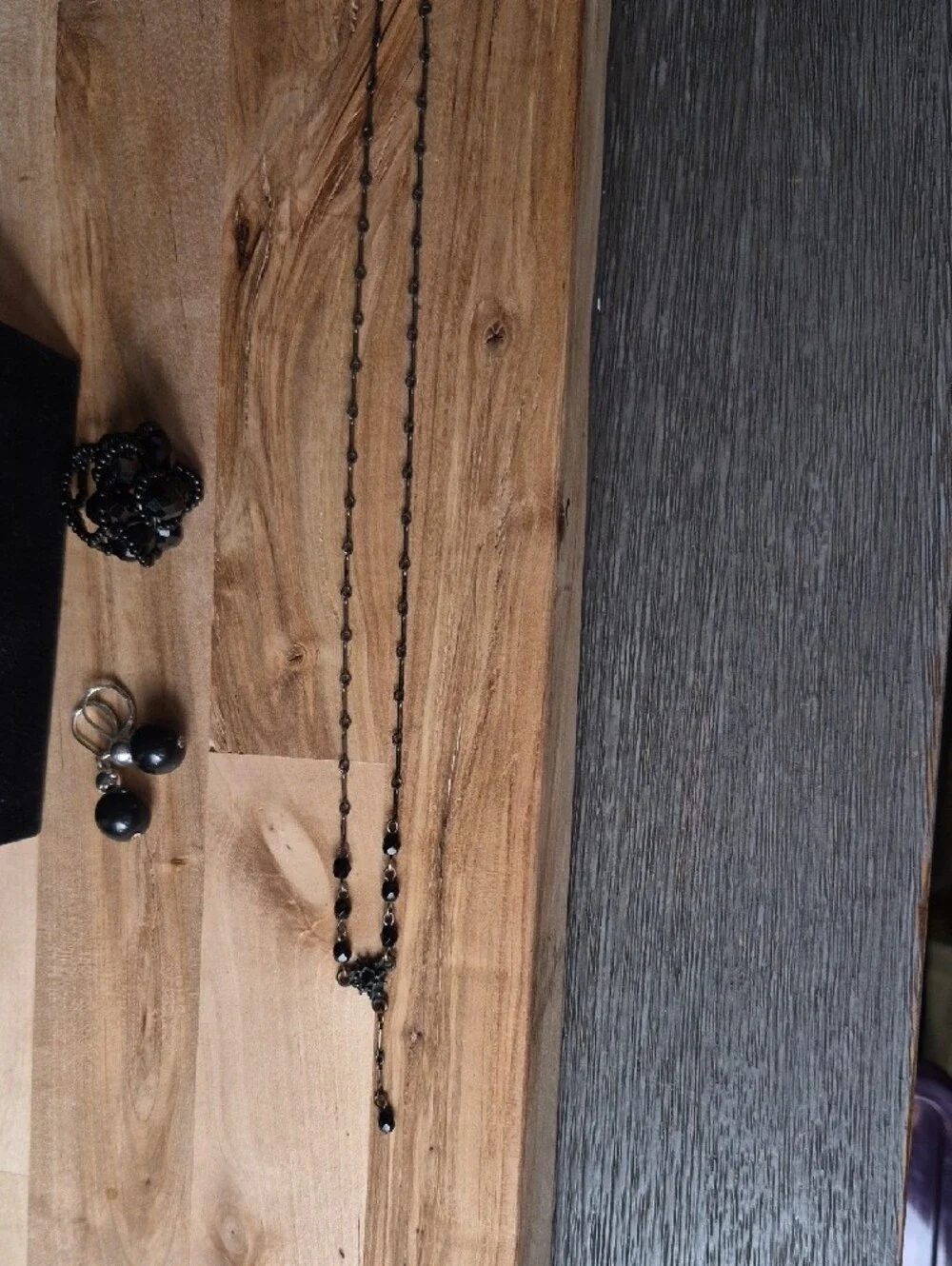 Source Unknown Black Beaded Drop Necklace with Matching Ring and Earrings